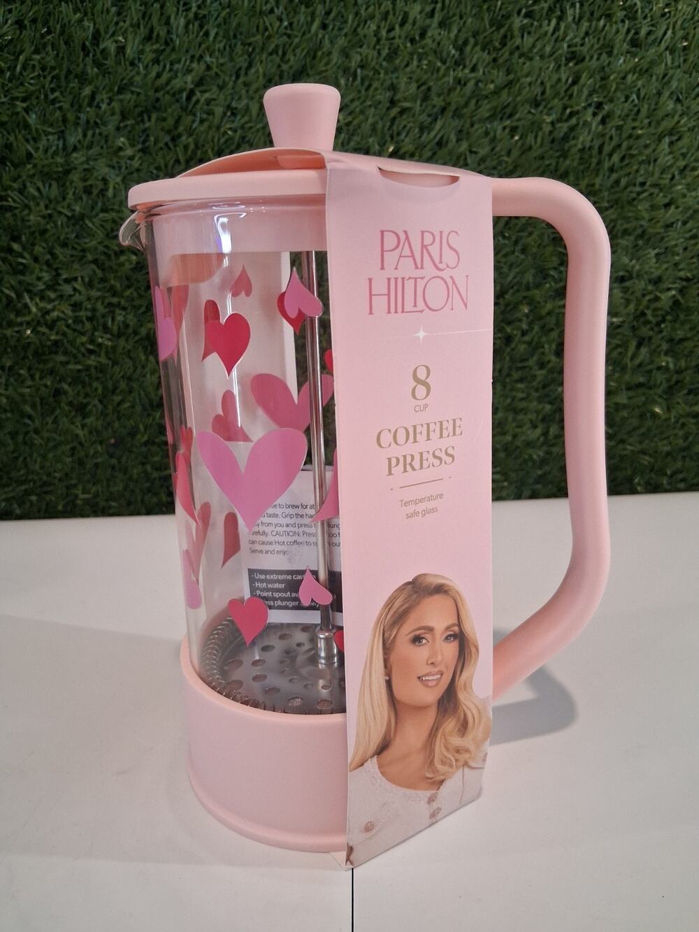 Paris Hilton 8 Cup French Press Coffee Maker Pink Hearts Temperature Safe Glass